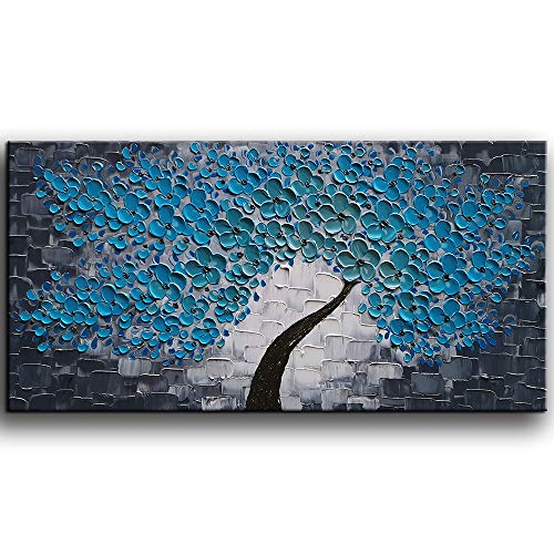 YaSheng Art -3D Oil Paintings Blue Flowers Oil Painting on Canvas Texture Abstract Art Pictures Canvas Wall Art Paintings Modern Home Decor Abstract Paintings Ready to Hang 24x48inch