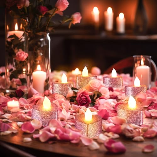 Image of Baquler 24 Pcs Valentine Candles Heart Shaped Glitter Tealights Romantic LED Tea Lights Candle Battery Operated for Valentine's Day Marriage Proposal Wedding Anniversary Celebration Decor(Pink)
