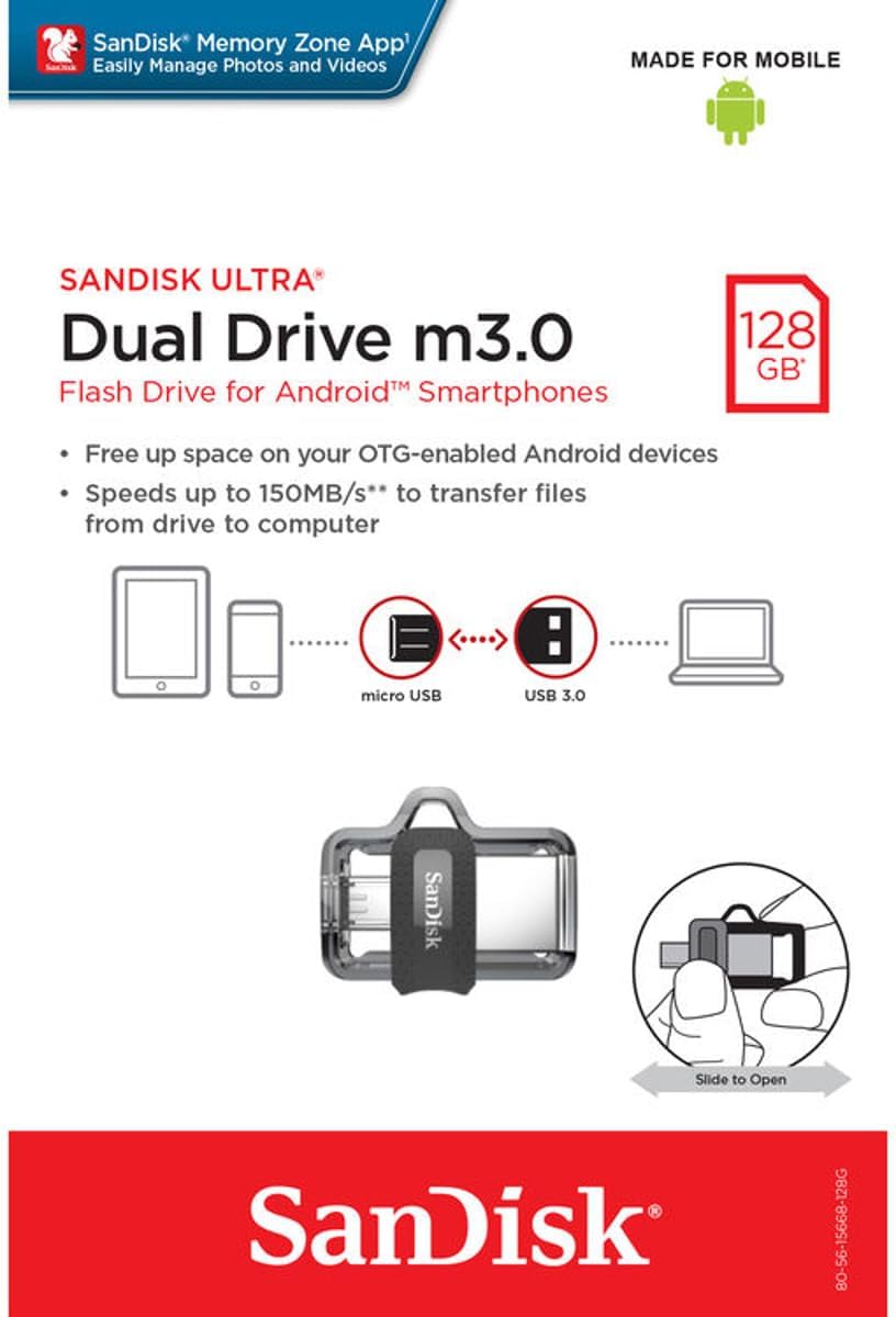 SanDisk 128GB Ultra Dual m3.0 USB 3.0 and Micro USB Flash Drive, Up to 150MB/s Read Speed