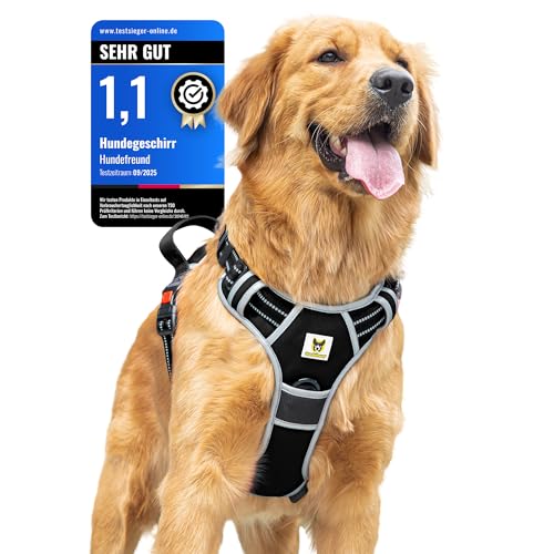 Hundefreund Pettorina per cani di grossa taglia – Riflettente, Imbottita e Regolabile – Imbracatura anti-treno con manico & 3 chiusure di sicurezza – Camminare e guidare auto – (L, nero)