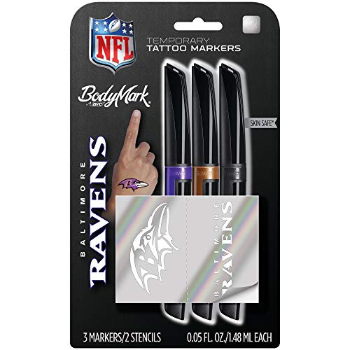 BodyMark by BIC, Temporary Tattoo Marker, NFL Series, Baltimore Ravens, Skin Safe, Brush Tip, Assorted Colors, 3-Pack with Stencils by BIC