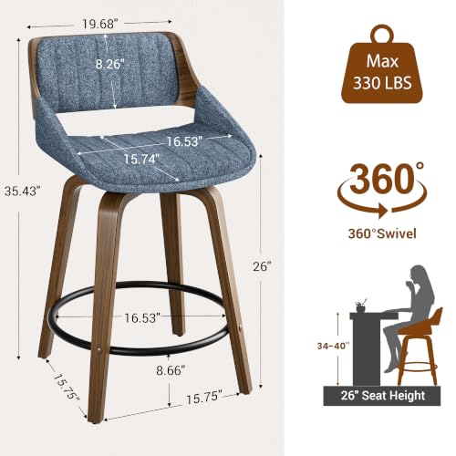 Image of YaFiti Bar Stools Set of 6, 26 inch Swivel Counter Height Barstools with Bentwood Back and Legs, Mid Century Modern Upholstered Fabric Counter Stools for Kitchen Island, Dining Room, Blue