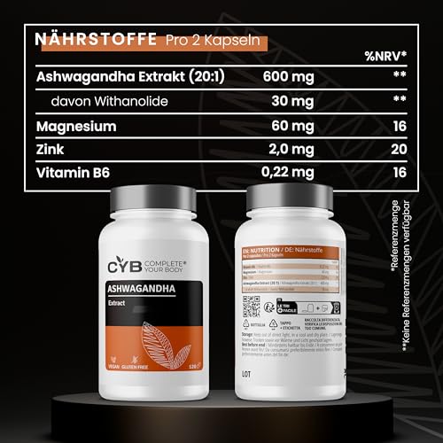 CYB | Ashwagandha Kapseln Hochdosiert - 5% Withanolides 600mg - Mit Magnesiumglycinat, Vitamin B6 und Zink - 120 Kapseln 2 Monatsvorrat - Vegan - Laborgeprüft – Bild 4