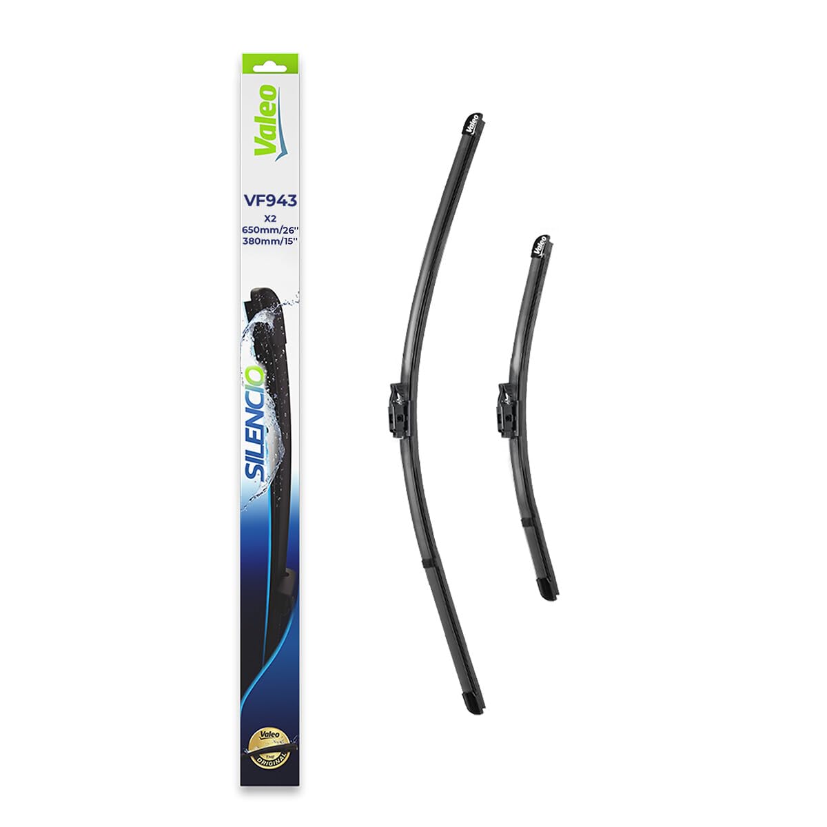 VALEO Silencio Wiper - VF943 - Kit of High Performance, Superior Road Visibility, Easy Installation Original Flat Blades 650mm/380mm - Front - Set of 2 Wiper Blades - 577943