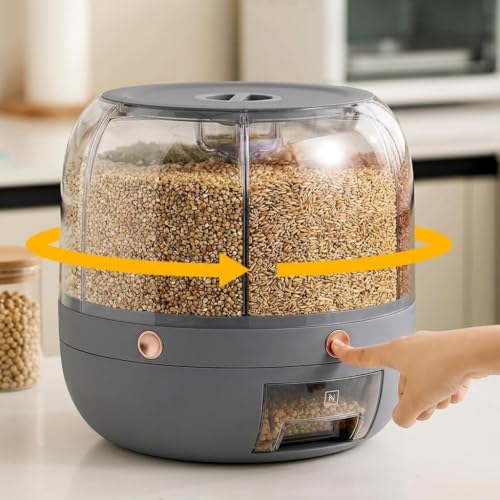 Image of 360 Rotating Grain Storage Container | 6 Grid Rice Dispenser with Easy One Press Dispensing for Rice Dal Pulses Beans Cereal Dry Food Kitchen Storage Box