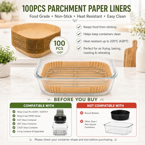 Image of Uniflasy Crisper Rack for Ninja Crispi Air Fryer Accessories FN101ST and Crispi Pro AS101CY, 6QT 4QT 2.5QT 6-Cup Glass Containers SUS304 Stainless Steel Grill Rack with 100pcs Parchment Liners