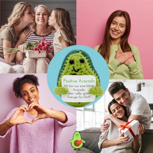 Pocket Hug Positive Avocado · Mutmachergeschenk für Freunde, Familie und Kollegen · Kreative Avocadofigur · Motivationsgeschenk & Glücksbringer deutsch · Handmade Woll-Avocado inkl. Zubehör