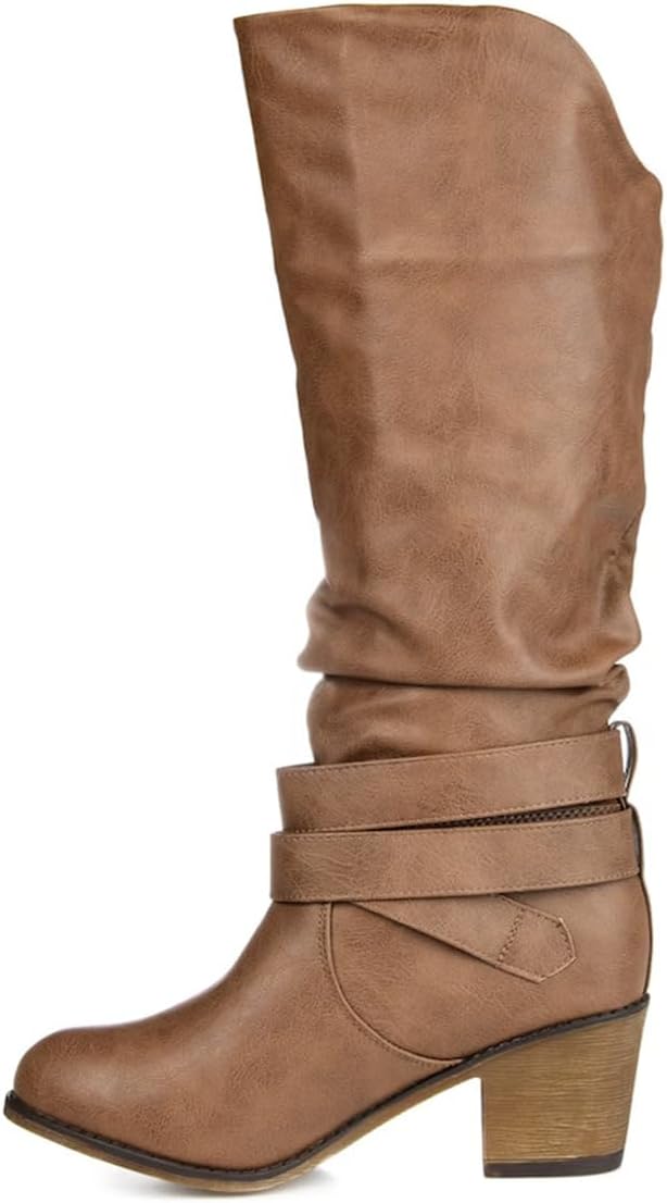 YDN Women Knee High Boots Buckle Strap Round Toe Cowgirl Long Booties Chunky Mid Heel Pull On Shoes Party Prom Daily Size 4-16 US