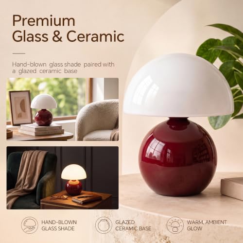 Image of Dawnwake Mushroom Lamp Table Lamp for Bedroom-Small Table Lamps,Wine Red | 8.7 inch Mid Century Modern Table Lamps for Living Room Bedroom Decor,Cute Ceramic Lamps for Mushroom Home Room Decor,Glass Shade