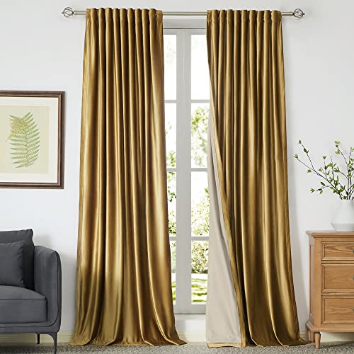 Image of 100% Blackout Gold Velvet Curtains 72 inches for Living Room,2 Panels Rod Pocket Back Tab Thermal Insulated Room Darkening Curtain with Liner Heavy Noice Reducing Soundproof Window Drapes for Bedroom