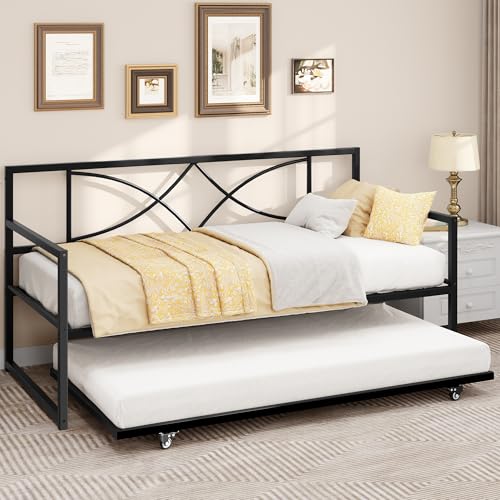 DWVO Twin Daybed Frame with Trundle, Metal Sofa Bed with Adjustable Height, Twin Size Mattress Foundation with Steel Slat Support for Guest Room Living Room - Black
