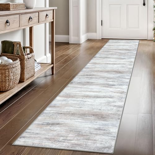KOZYFLY Modern Abstract Hallway Runner Rug, 2x8 Kitchen Rugs Non-Slip Washable Soft Striped Kitchen Runner Rugs, Print Distressed Beige Carpet Runner for Entryway Bathroom Laundry Room Foyer