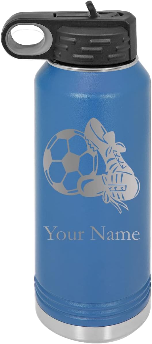 Soccer Team Player Personalized Custom Engraved Double Wall Vacuum Hot/Cold Drinks Insulated Stainless Steel Boys/Girls Sports Team Water Bottle with Flip Top Lid, Straw