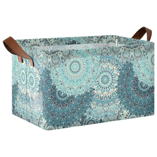 Tribal Mandala Turquoise Teal Islam Arabic Indian Ottoman Motifs 1PC Rectangle Foldable Frame Basket Leather Handles Storage Bin for Laundry Bathroom Organizer M 16.9 x 11.4 x 10 inch