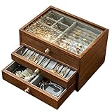 木製ジュエリーボックス 宝石箱 アクセサリー収納ケース 大容量 耳飾り ネックレス ブレスレット バングル リング 時計 ヘアアクセサリー収納用木製ケース 天然木+ガラス 母の日 バレンタインデー クリスマス 記念日 誕生日 プレゼント 祝い 贈り物 ３段式 (水紋ガラス)