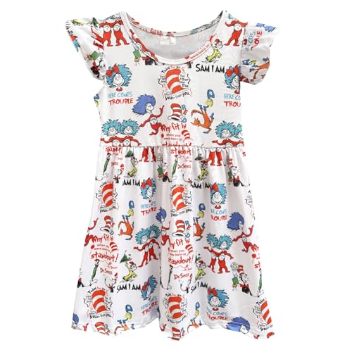 Baby Girls Spring Summer Cat in The Hat Dress Girls Flutter Sleeve Boutique Dress