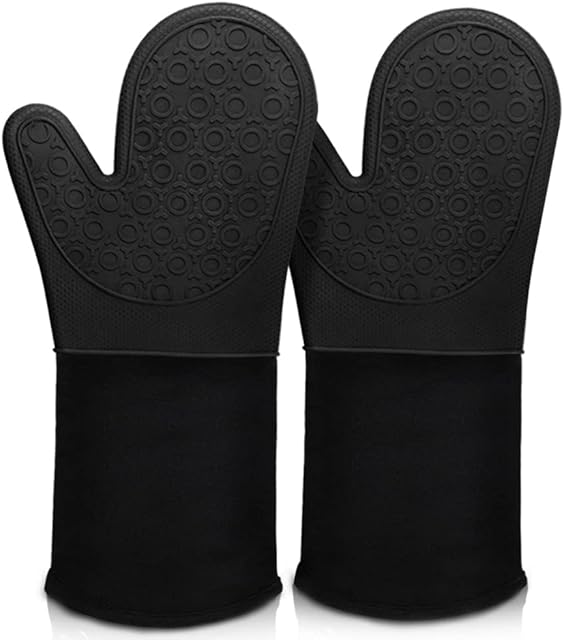 Comsmart 14.6 Inch Extra Long Silicone Oven Mitts, Durable, Heat Resistant Oven Gloves with Quilted Liner Non-Slip Textured Grip Perfect for BBQ and Baking (1 Pair-Black)