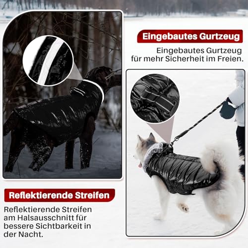 Eyein Wasserdichter Hundemantel mit Geschirr, Fleece Rollkragen Warme Hundewinterjacke mit doppeltem Reißverschluss, reflektierende Hundeschneejacke für kleine mittlere große Hunde, Schwarz, M
