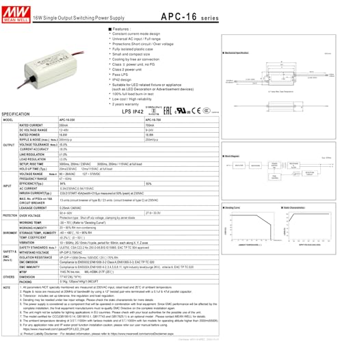 Image of APC-16-350 16W LED Driver, 12-48V, 350mA, Constant Current, IP42, UL /CE, for LED Strip Lights, Indoor Lighting