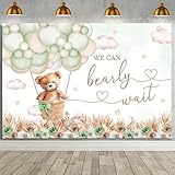 Picture of MEHOFOND 7x5ft We Can Bearly Wait Baby Shower Backdrop Green Bear Photography Background Boho Floral Hot Air Balloon Decorations Banner Pampas Grass Bear Baby Shower Party Cake Table Decoration