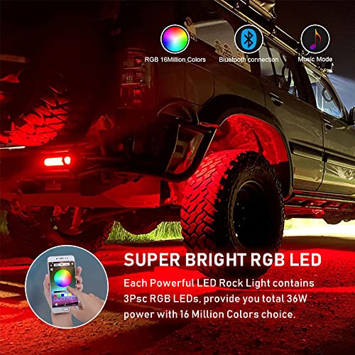 Rgb Led Rock Lights, Ychow-Tech 4 Pods Led Underglow Multicolor Neon Light Bluetooth App Control Timing Function Flashing Music Mode Wheel Well Footwell Light For Offroad Utv Atv Trucks Suv Motorcycle #TOP1