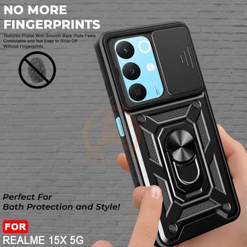 Image of Armor Bumper Back Cover Case for Realme 15X 5G Rotating Camera Cover, Ring Holder & Kickstand | Heavy Duty & 360 Degree Protection Realme 15X 5G Back Cover (Black)