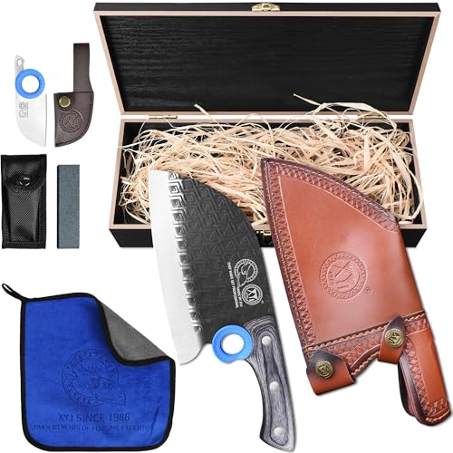 XYJ Authentic Since 1986, Serbian Chef Butcher Knife with Leather Sheath, Wooden Box, Washing Towel, Meat Cleaver, High Carbon Steel Blade,Full Tang Wood Handle, Vegetable Kitchen Knives