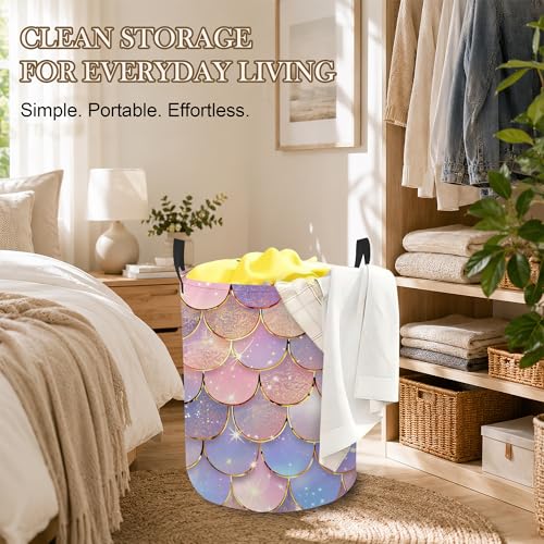 Image of Pastel Mermaid Laundry Hamper, Scale Glitter Laundry Baskets, Waterproof Oxford Cloth for Room /Bathroom /Bedroom /Dormitories 16x20.8 Inch