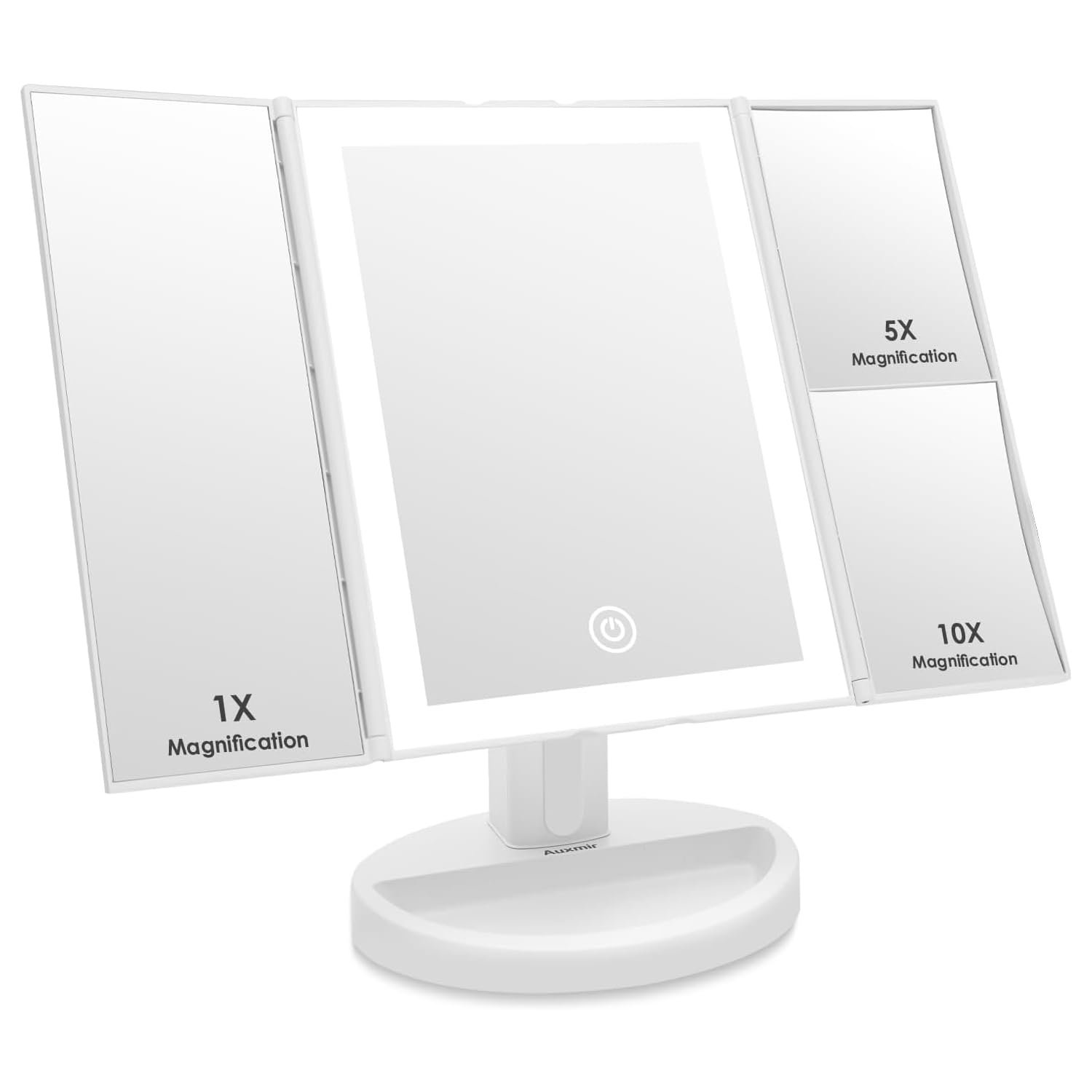 Auxmir Espejo Maquillaje con Luz, Recargable 1X/5X/10X Espejo Aumento Tríptico, 68 Luces LED con Pantalla Táctil Brillo Ajustable, Giratorio 180°, Blanco