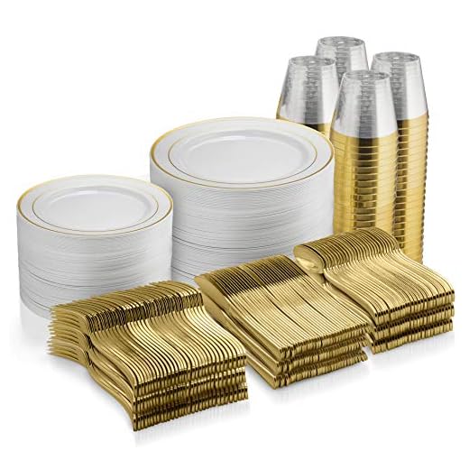 Munfix 600 Piece Gold Dinnerware Set - 100 Gold Rim 10 inch Plastic Plates 100 Gold Rim 7 Inch Plates -300 Gold Plastic Silverware - 100 Gold Plastic Cups - 100 Guest Disposable Gold Dinnerware Set