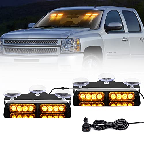 JMEST LEAD Emergency Strobe Lights 2x 7.2 Inch Interior Windshield Strobe Lights 16 LED 18 Flash Modes Dash Emergency Beacon Warning Lights with Suction Cups 12V For Car Truck Vehicles (Amber)