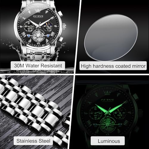 Image of OLEVS Men Watches Stainless Steel Chronograph Watch, Large Wrist Analog Quartz Watch, Fashion Waterproof Diamond Roman Numerals Dress Watches for Men, Gold /Black /White /Blue /Grey Dial