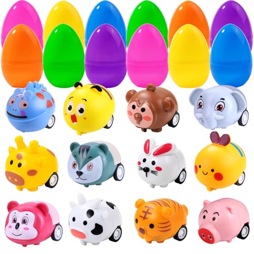 DIYDEC 12PCS Prefilled Easter Eggs with Pull Back Car Toys, Colorful Mini Race Cars Gifts for Kids Party Favors Easter Basket Stuffers for Boy Girl Holiday School Classroom Prizes Goodie Bags Fillers