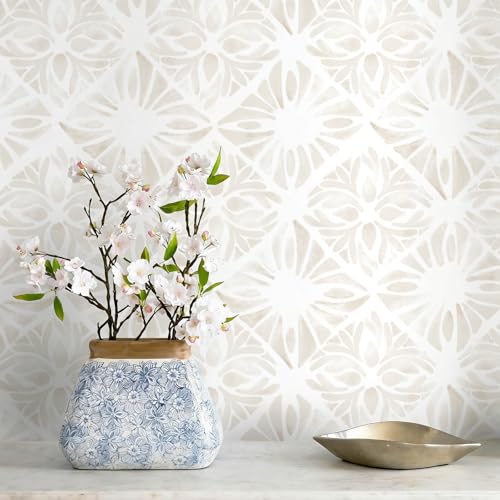 Fiula Boho Wallpaper Neutral Peel and Stick Wallpaper 78.7'x17.3' Geometric Wall Paper Beige and White Contact Paper Textured Removable Vinyl Waterproof for Bedroom Farmhouse Kitchen Bathroom
