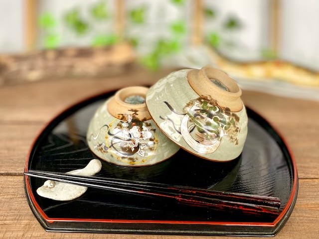 ??? Kutani Ware [Pair of Rice Bowls] Fujin and Thunder God Naka-Urai