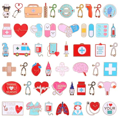 50Pcs Nurse Pins Bulk, Cute Enamel Medical Brooch for Badge, Stethoscope Hearts Bandages Pins for Nurses' Day Gifts for Decor Clothes and Bags