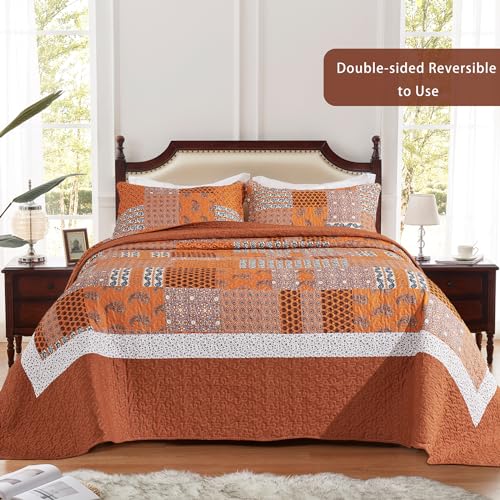 LEAONME 3 Pieces California King Size Quilt Set Burnt Orange Rust Oversized 120x120 Inch Bedspread Coverlet Lightweight Microfiber Paisley Bed Cover for All Seasons (1 Quilt, 2 Pillow Shams)