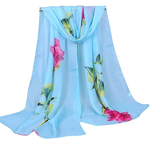 JURTEE Scarf for Women,Rose Printed Soft Wrap Scarf, Neckerchief Light Scarf Chiffon Long Scarf, Womens Scarf Shawl Wrap(Blue)