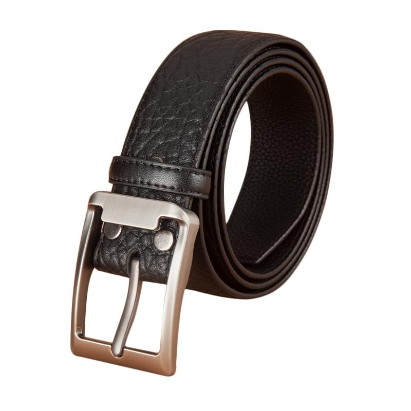 Men's Textured Leather Belt with Silver Buckle, Black, Genuine Leather
