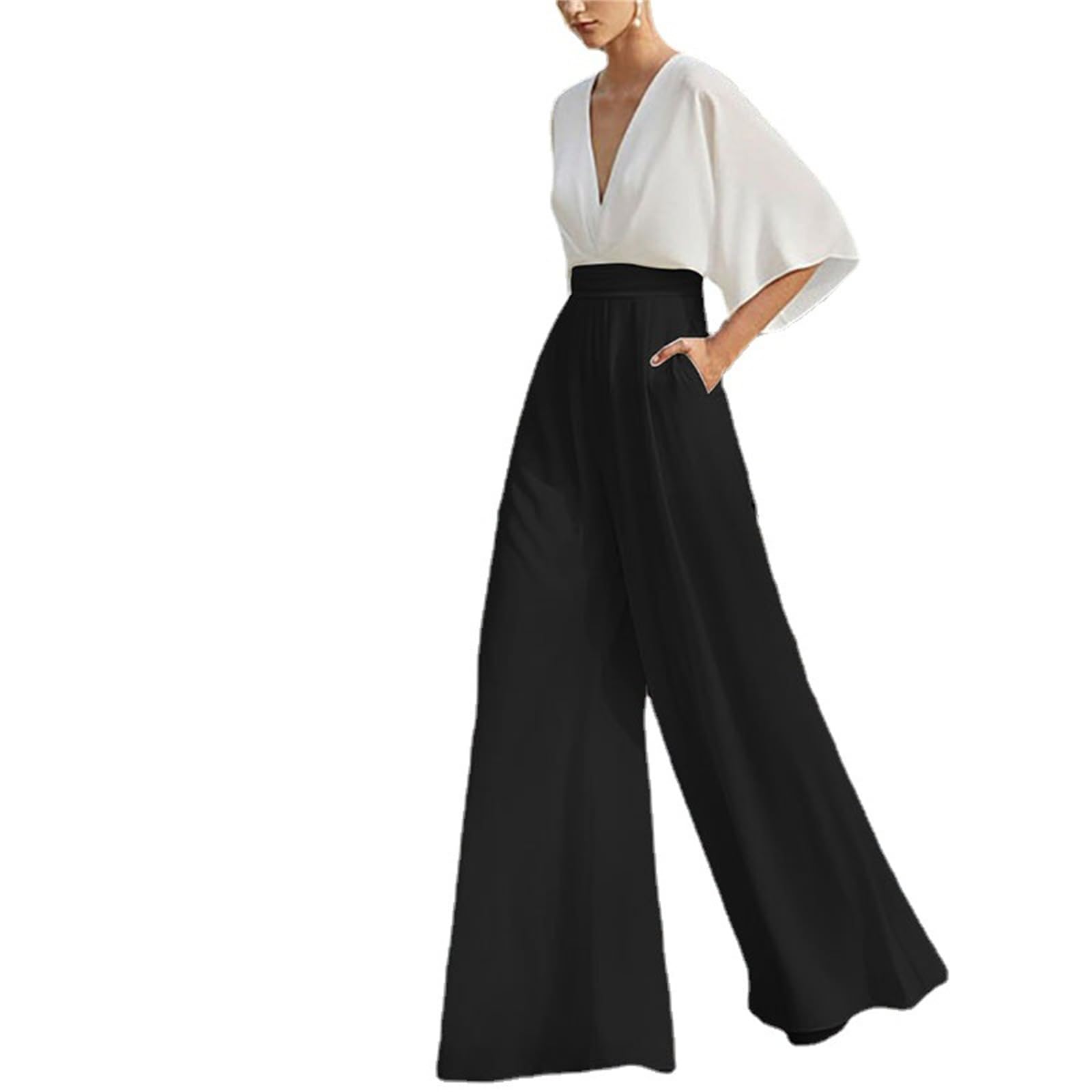 FANXUS Mujeres Deep V Halter Cuello Pierna Ancha Colores de Choque Mono con Bolsillos Pantalones sin Mangas Romper Fiesta de Bodas Vestidos Formales de Noche