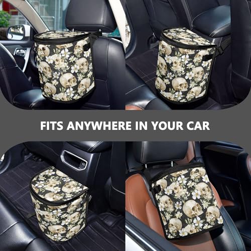 Image of MNSRUU Car Trash Can with Lid, Skull White Flower Car Trash Bag Hanging Organizers and Storage for Front Back Seat, Leak-Proof Trash Bin