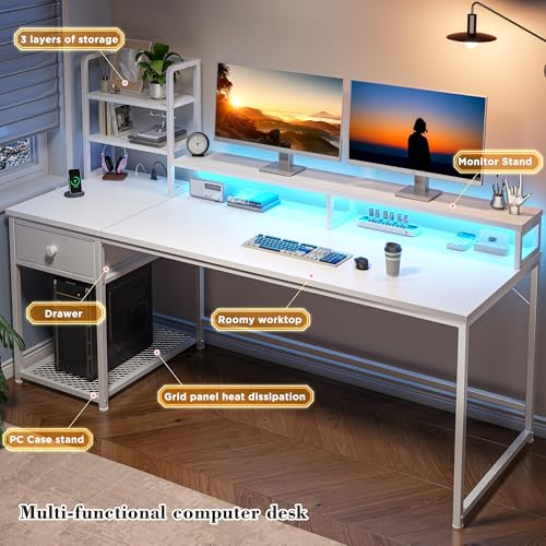 Image of 55 Inch White Computer Desk with Drawers and Hutch,Reversible Home Office Desk with Monitor Shelf,Gaming Desks with USB Power Outlets&Storage,Writing Study Table for Bedroom with LED Lights,White