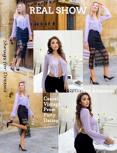 Image of Avidlove Womens Sheer Shrug Tie Front Long Bell Sleeve Mesh Bolero Lightweight Summer Casual Short Shawl Top