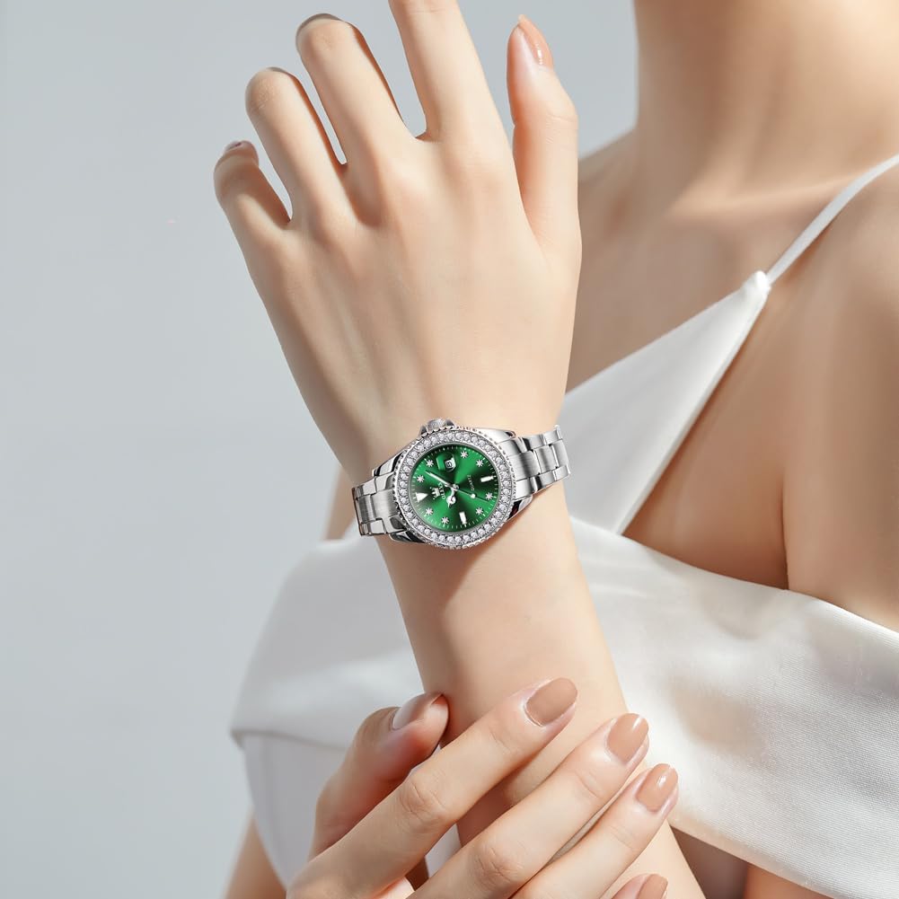 OLEVS Watches for Women Diamond with Date Luxury Leather Female Waterproof Women Wrist Watch Analog Dress Stainless Steel Ladies Watch Luminous Calendar Women Watch Green/Blue/Purple Dial - Image 3
