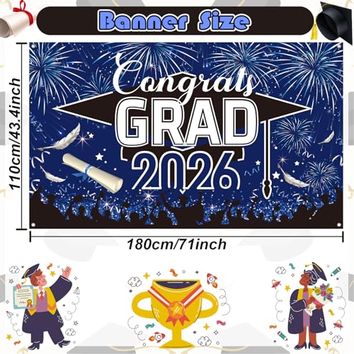 Image of Graduation Banner, Graduation Decorations 2026, Blue Black Banner Graduation, Large Blue Graduations Sign Backdrop, Class of 2026 Congrats Grad Party Decor for Door Porch Sign Indoor Outdoor 180*110cm