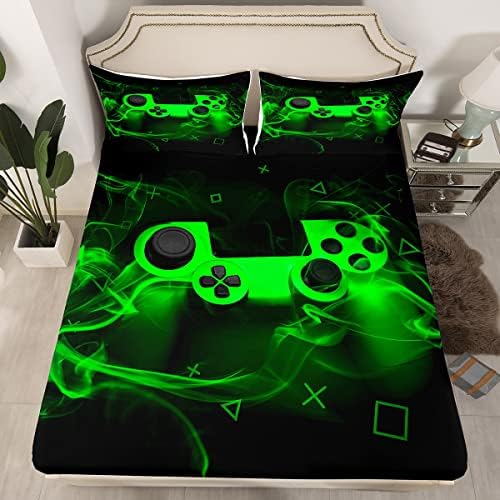Gamer Fitted Sheet Set Twin Size for Boys Gaming Fitted Bed Sheets for Kids Boys Gamer Room Decor Black Green Smoky Gamepad Games Deep Pocket Trippy Geometric No Top Flat Sheet with 1 Pillow Case