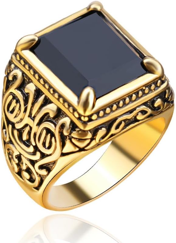 10K/14K/18K Gold 3CT Vintage Emerald-cut Gemstone Men's Ring,Black Onyx/Sapphire/Ruby/Emerald/Topaz/Garnet Signet Anniversary Rings Engagement Rings Handmade Jewelry for Man Him Father Size 4-16