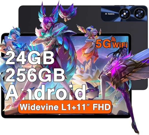 2026 Newest Tablet 11 Pulgadas Android 24GB RAM + 256GB ROM (2TB TF), Octa-Core 2.0 GHz, Widevine L1, 5G WiFi, Bluetooth 5.0, 8000mAh, 5MP + 13MP, 1280*800 FHD IPS, Facial ID, Tablet con Funda, Negro
