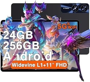2026 Newest Tablet 11 Pulgadas Android 24GB RAM + 256GB ROM (2TB TF), Octa-Core 2.0 GHz, Widevine L1, 5G WiFi, Bluetooth 5.0, 8000mAh, 5MP + 13MP, 1280*800 FHD IPS, Facial ID, Tablet con Funda, Negro