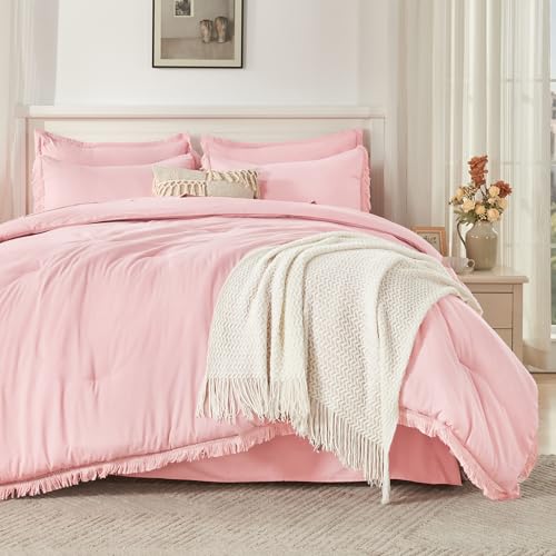 Image of Andency Queen Comforter Set with Sheets Light Pink - 7 Pieces Boho Tassel Bed in a Bag Soft Lightweight Bedding Sets, Fringe Bed Set with Comforter, Sheets, Pillowcases & Shams